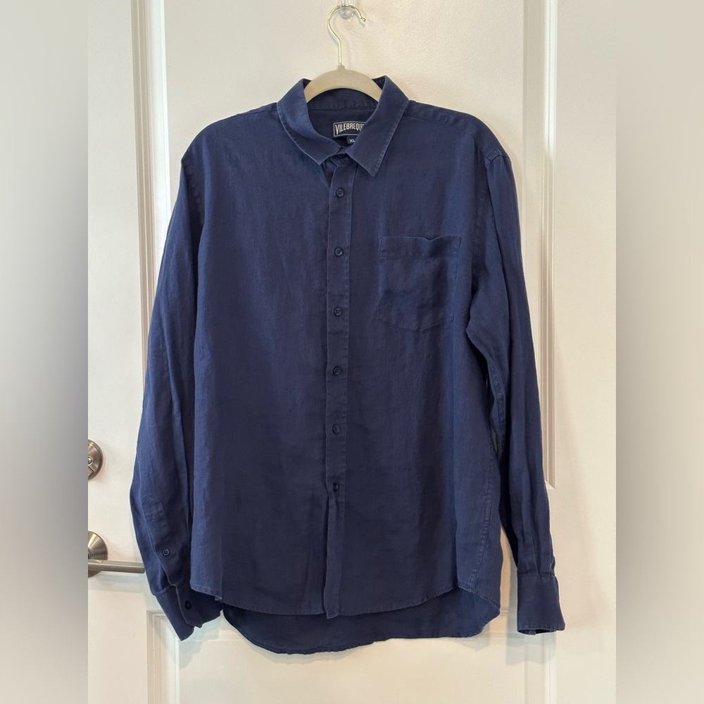 Vilebrequin Men's Button Up Shirt 100% Linen Size XL Navy Blue Long Sleeve